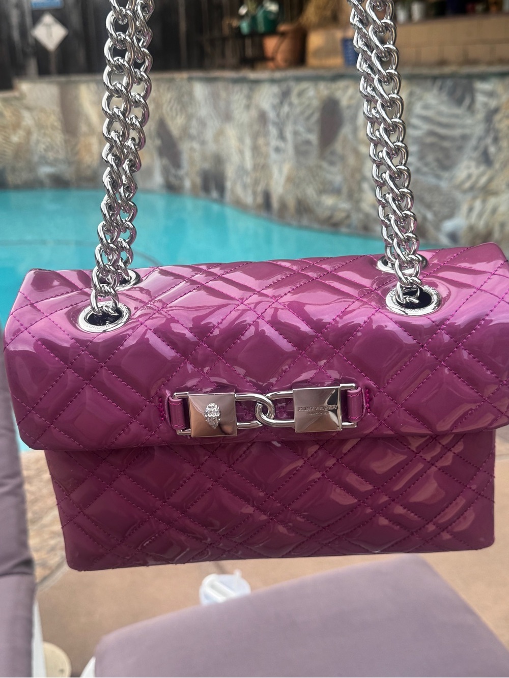 Kurt Geiger Quilted Patent Shoulder Bag in Magenta - Picture 16 of 16